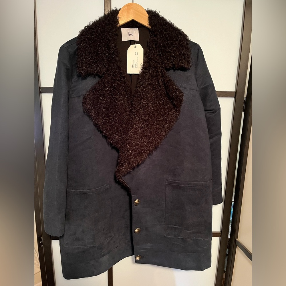 Loup "Lou" Jacket | Dark Blue w/ Faux Fur Black Collar | NWT | Boutique Designer